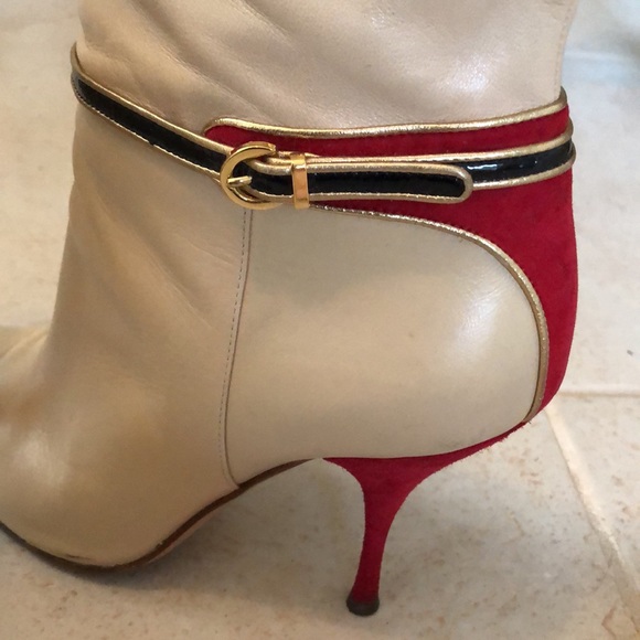❤️Casadei Stiletto Tan, red suede heels, gold tone/black w/patent straps booties - Picture 3 of 14